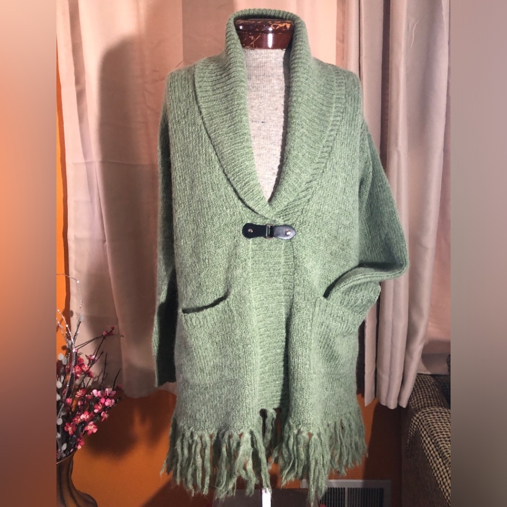 Fenn Wright Manson Moss Green Shawl-Collar Fringe Cardigan